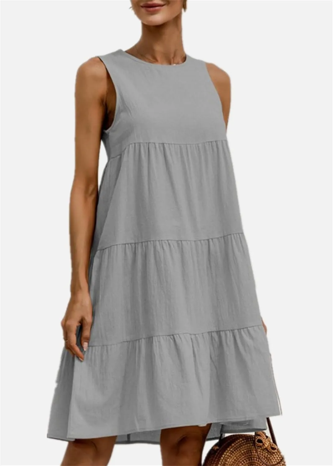 Women's Summer Sleeveless Midi Dresses Linen Round Neck Casual Flowy Pleated Mini Dress Solid Loose Sweet Cute Dress