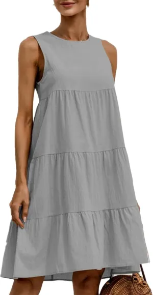 Women's Summer Sleeveless Midi Dresses Linen Round Neck Casual Flowy Pleated Mini Dress Solid Loose Sweet Cute Dress