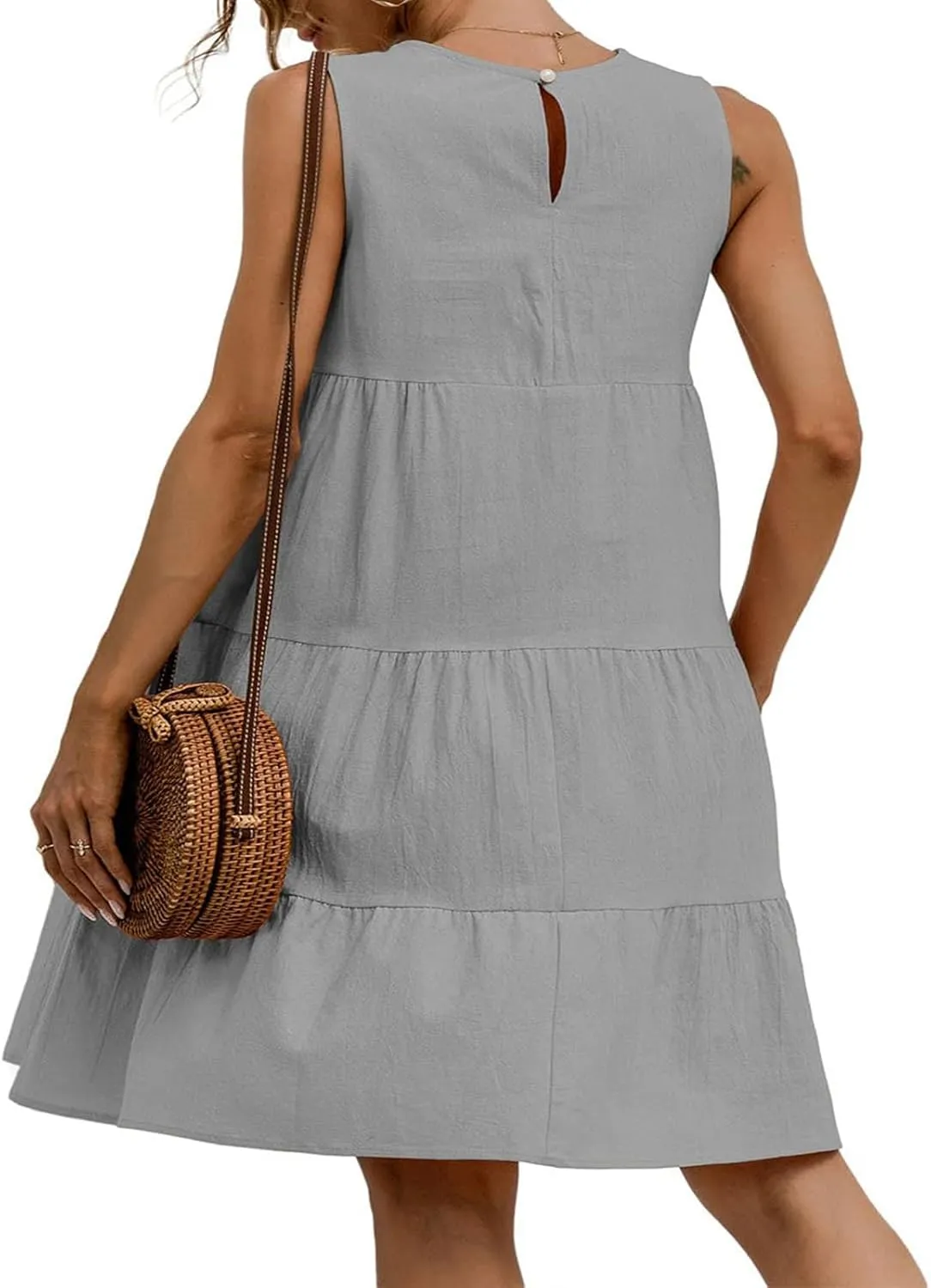 Women's Summer Sleeveless Midi Dresses Linen Round Neck Casual Flowy Pleated Mini Dress Solid Loose Sweet Cute Dress
