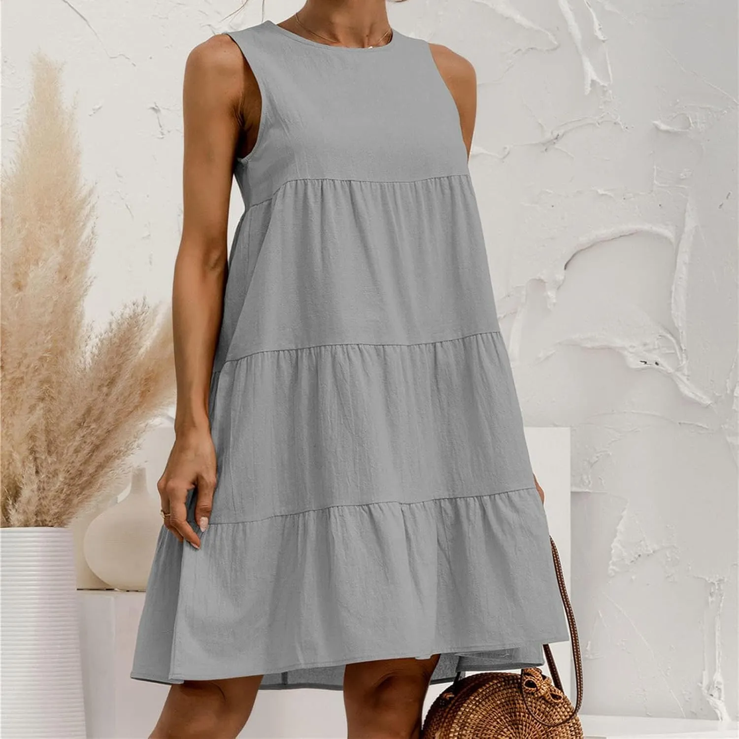 Women's Summer Sleeveless Midi Dresses Linen Round Neck Casual Flowy Pleated Mini Dress Solid Loose Sweet Cute Dress