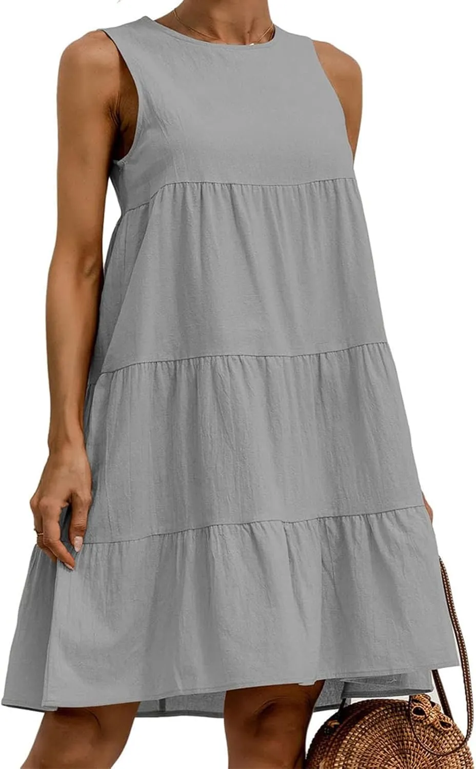 Women's Summer Sleeveless Midi Dresses Linen Round Neck Casual Flowy Pleated Mini Dress Solid Loose Sweet Cute Dress