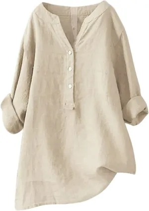 Women's Tunic Blouse Tops Fashion Plus Size Solid Cotton Linen Loose Casual Long Sleeve V Neck Button Up Tees Shirts