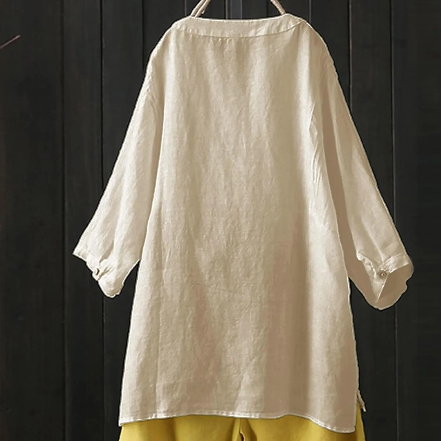 Women's Tunic Blouse Tops Fashion Plus Size Solid Cotton Linen Loose Casual Long Sleeve V Neck Button Up Tees Shirts